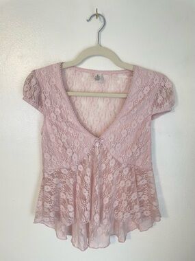 Light pink lace sheer top with puff sleeves and flowy bottom size medium